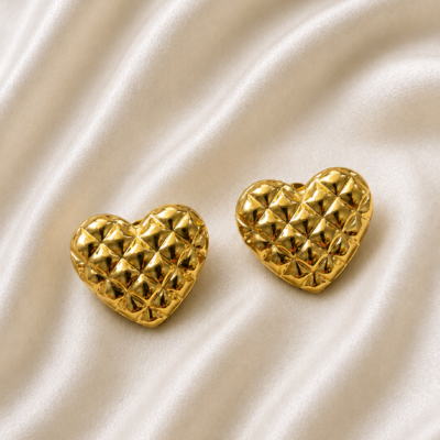 Anti-Tarnish Quilted Heart Stud Earrings